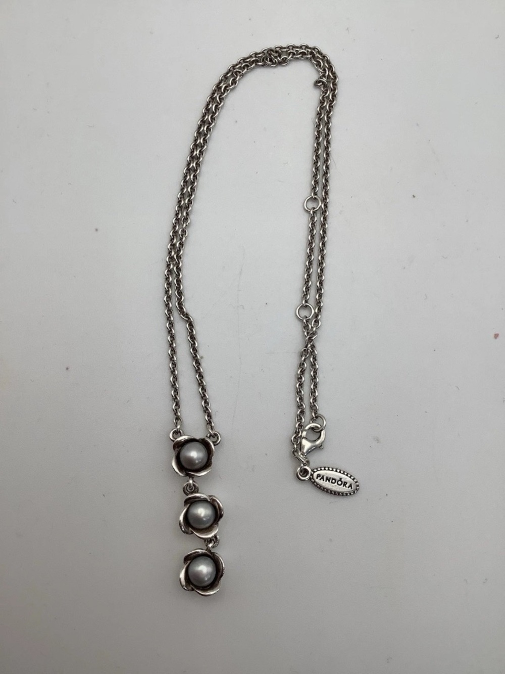 Pandora Sterling Necklace with Three Pearl Drops